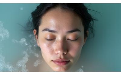 Person engaging in cold therapy, such as an ice bath, conveying calm and resilience