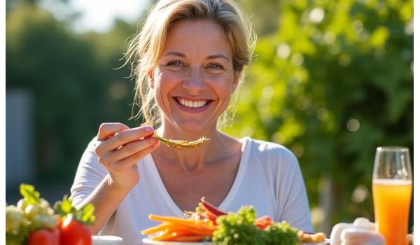 Woman enjoying a vibrant, healthy meal outdoors.