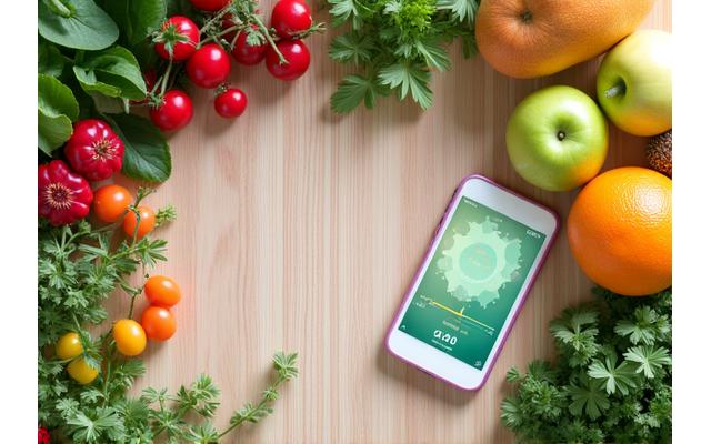 Fresh produce and a smartphone with health app, symbolizing healthy lifestyle and digital wellness tools.