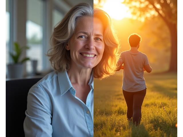 Before and after image of individuals thriving through lifestyle changes. One side shows a person looking stressed and tired, the other shows them vibrant and active.