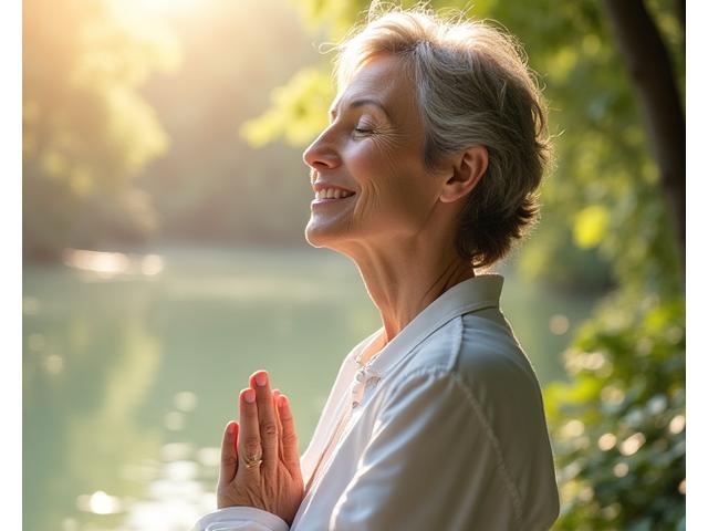 Woman meditating calmly in a serene, natural setting, symbolizing mental peace and holistic wellness.