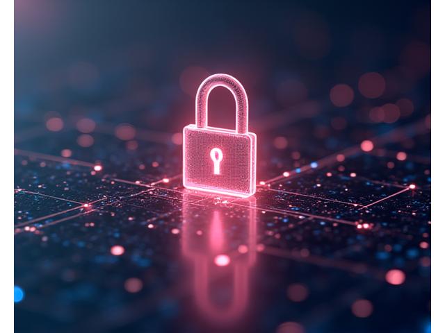 Digital lock icon over a secure data network, symbolizing data protection