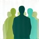 Icon representing community feedback, with several diverse people silhouettes connected by lines