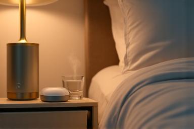A serene bedroom scene with a comfortable bed, soft lighting, and a smart sleep tracking device on the nightstand, promoting restful sleep.