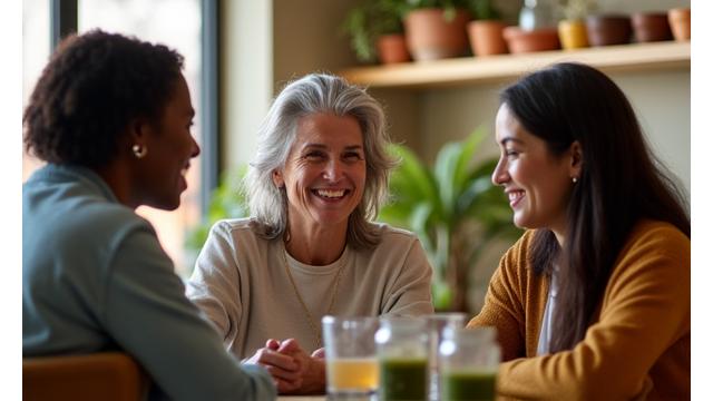 A diverse group of adults 35+ engaged in a friendly, lighthearted discussion around a table, symbolizing community and connection.